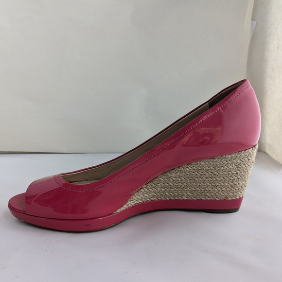 Prada Berry Pink Patent Leather Peep-Toe Wedges Espadrilles Sz 38 - Picture 6 of 15